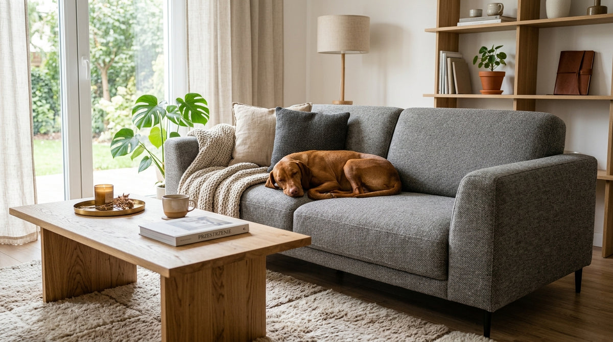 Elegancka sofa tapicerowana tkaniną pet friendly – idealna tkanina na sofę przy psie w salonie