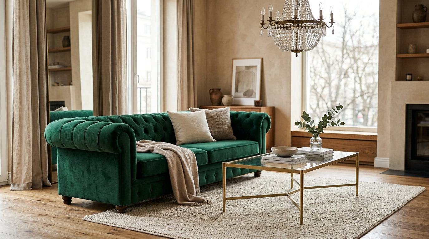 Elegancka sofa glamour do salonu w welurowej tapicerce z złotymi nóżkami i pikowaniem w kształcie rombów