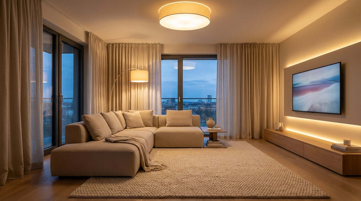 5 kroków do przytulnego, nowoczesnego salonu, w którym naprawdę chcesz spędzać czas - elegancki, funkcjonalny salon z oświetleniem.