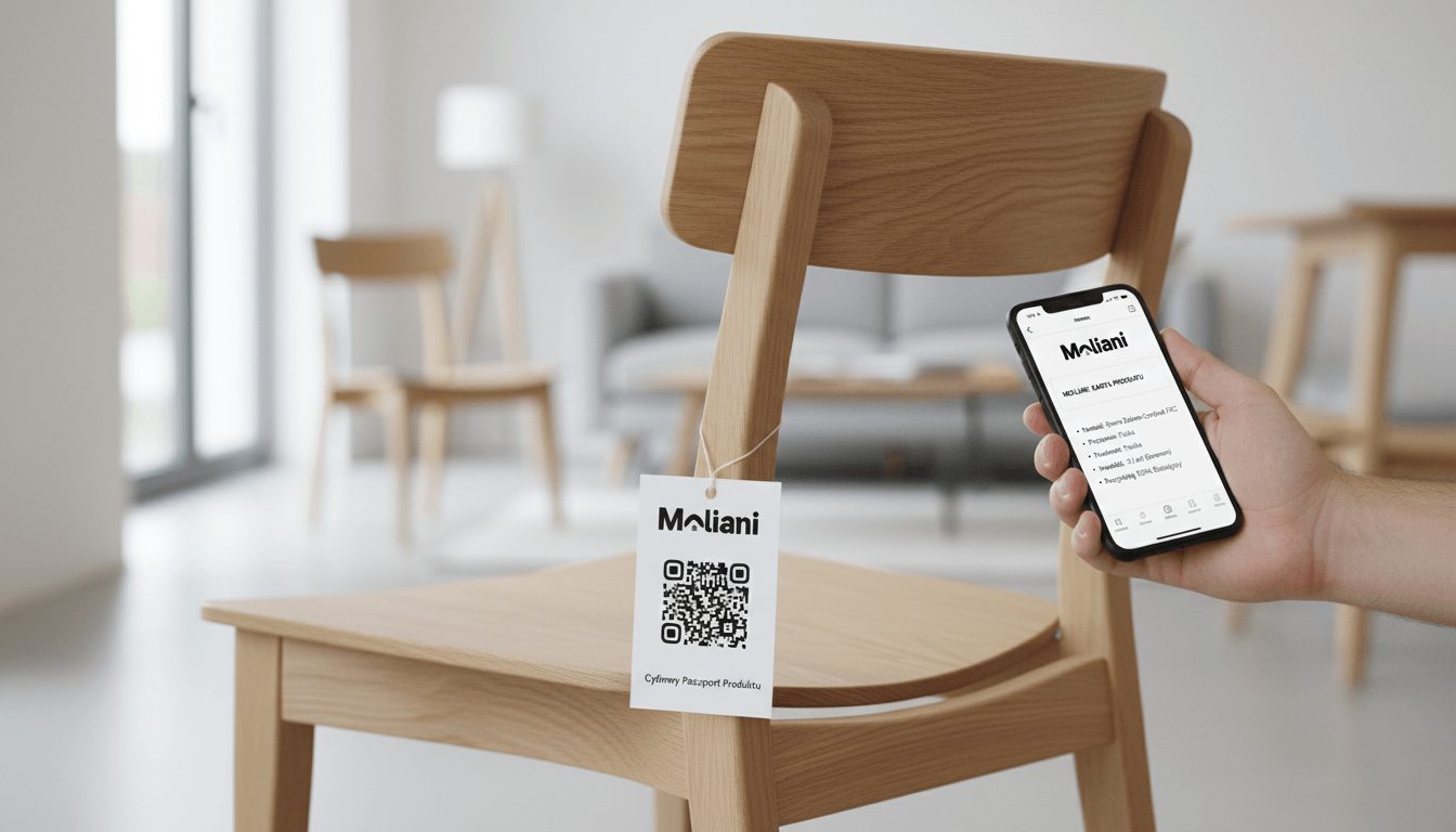 ESPR i Cyfrowe Paszporty Produktów - telefon z aplikacją obok drewnianego krzesła z etykietą Moliani.