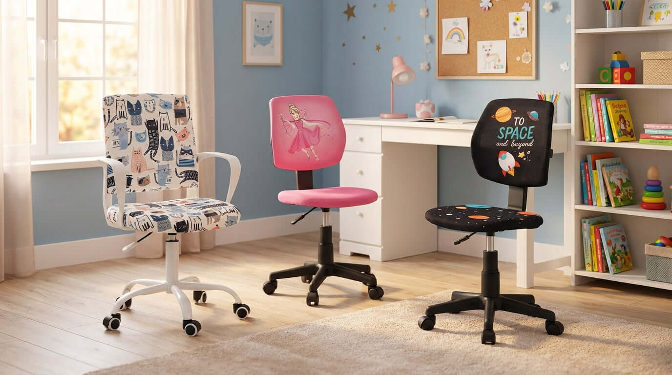 Trzy krzesła obrotowe dla dzieci stojące na środku pokoju dziecięcego