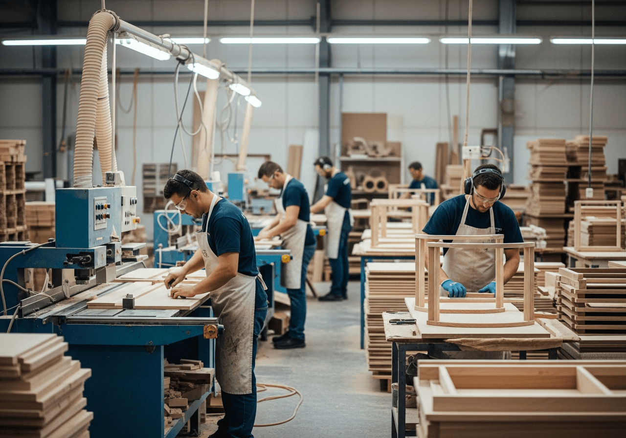 Top 10 producentów mebli w Polsce - Moliani inspiruje: Pracownicy w fabryce zajmujący się produkcją mebli.