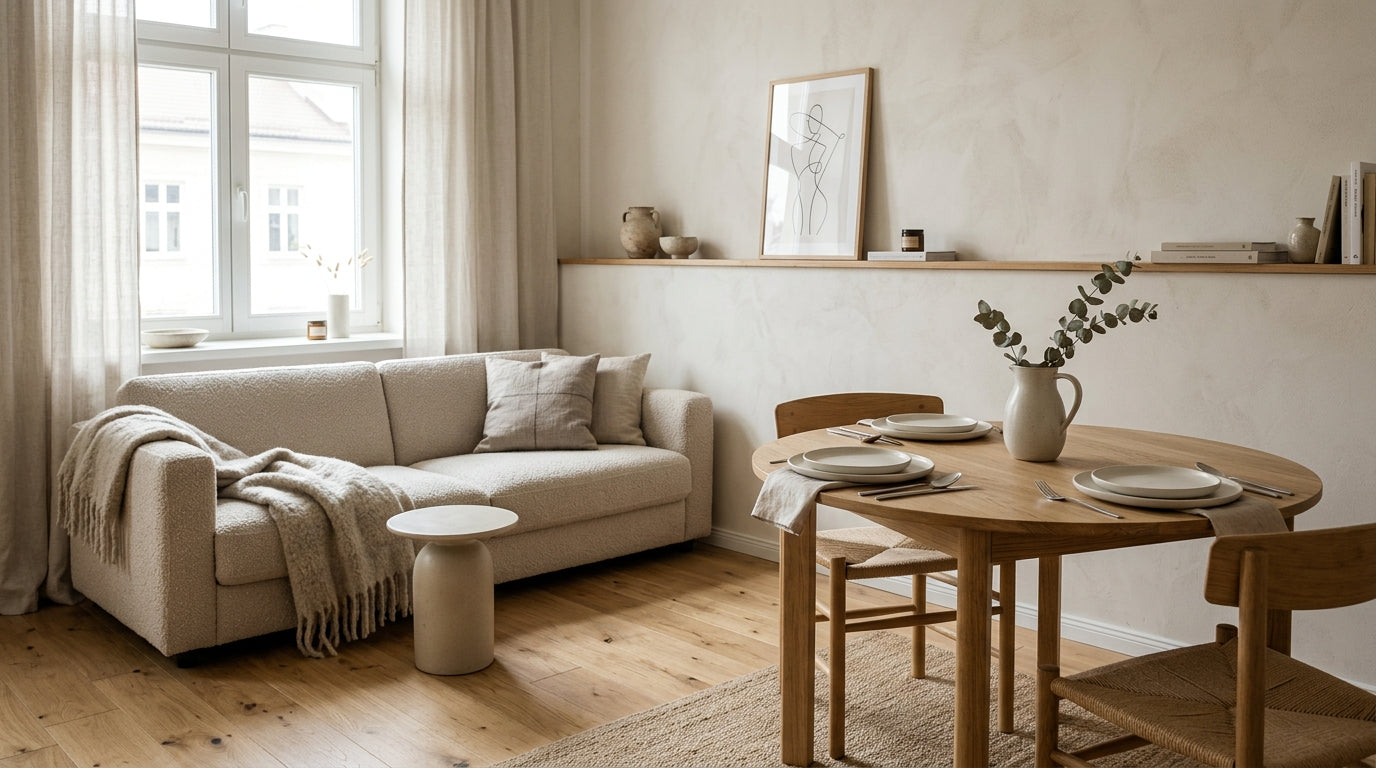 Aranżacja małego salonu z jadalnią – nowoczesne wnętrze z eleganckim stołem i sofą w stylu premium Moliani