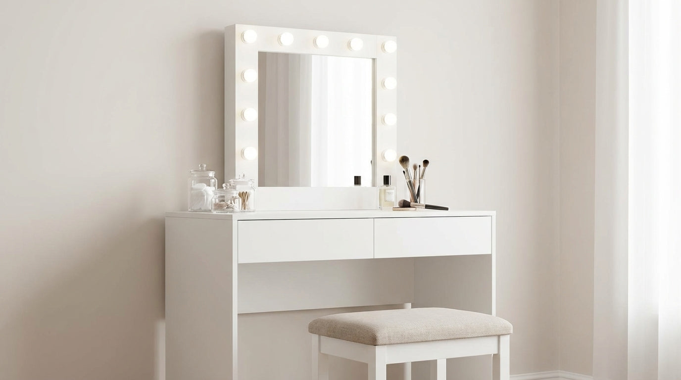 Toaletki – elegancka toaletka z lustrem i oświetleniem, idealna do sypialni.