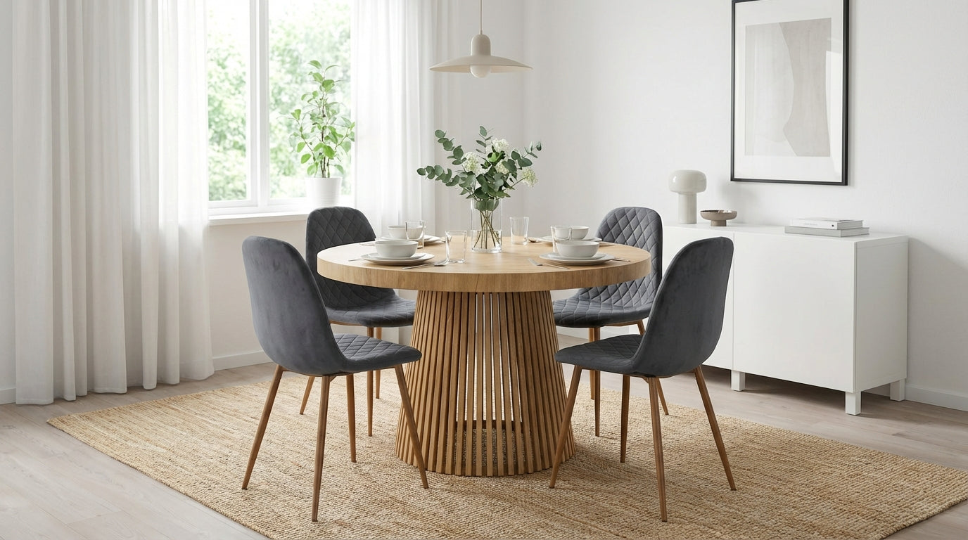 Meble do jadalni: nowoczesny stół z drewnianymi nogami i szare tapicerowane krzesła w eleganckim otoczeniu.