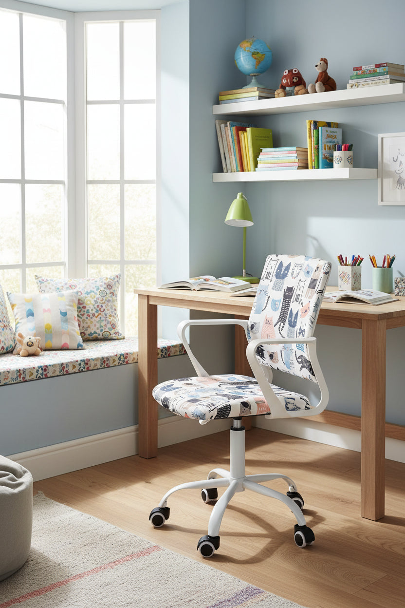 Fotel LENA – multikolorowy, fotel biurowy w nowoczesnym wnętrzu z biurkiem i półkami.