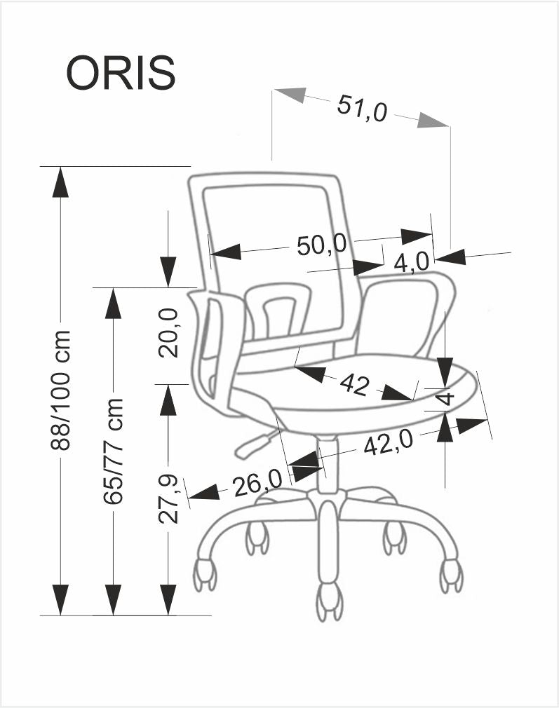 Wymiary fotela ORIS, ergonomiczny fotel biurowy do pracy z podanymi wymiarami w centymetrach.