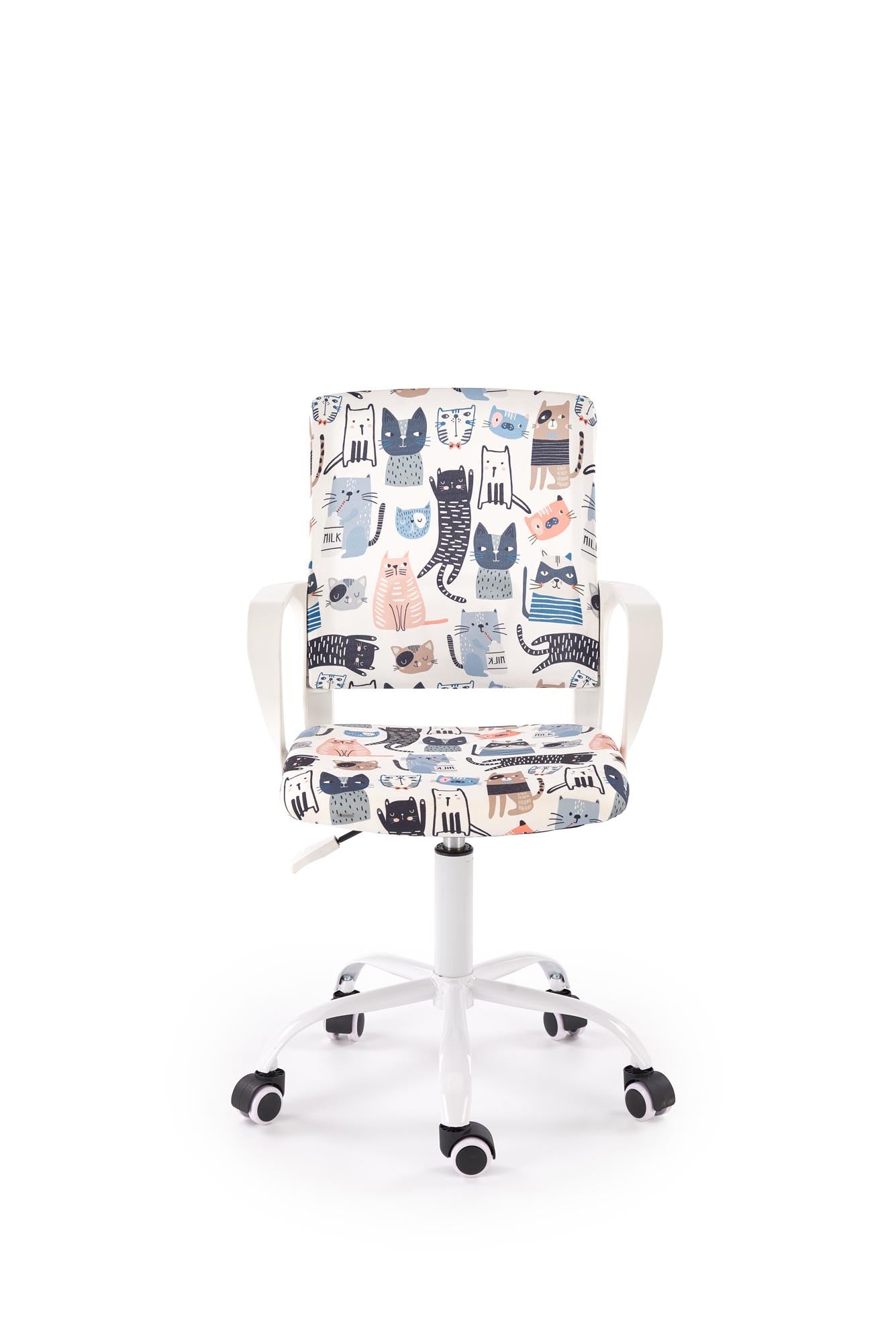 Fotel LENA – multikolorowy, fotel biurowy z uroczym nadrukiem kotów, idealny do kreatywnej przestrzeni.
