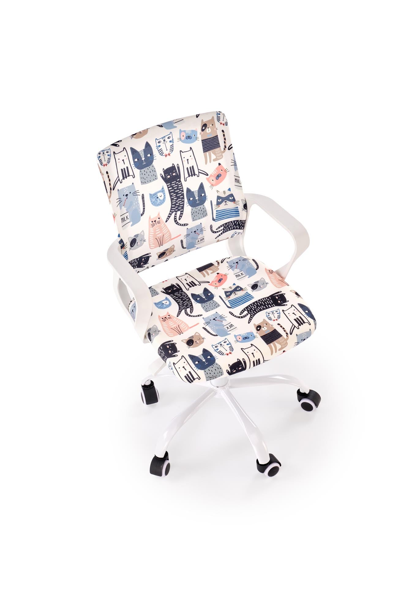 Fotel LENA – multikolorowy, fotel biurowy z kolorowym wzorem kotów.