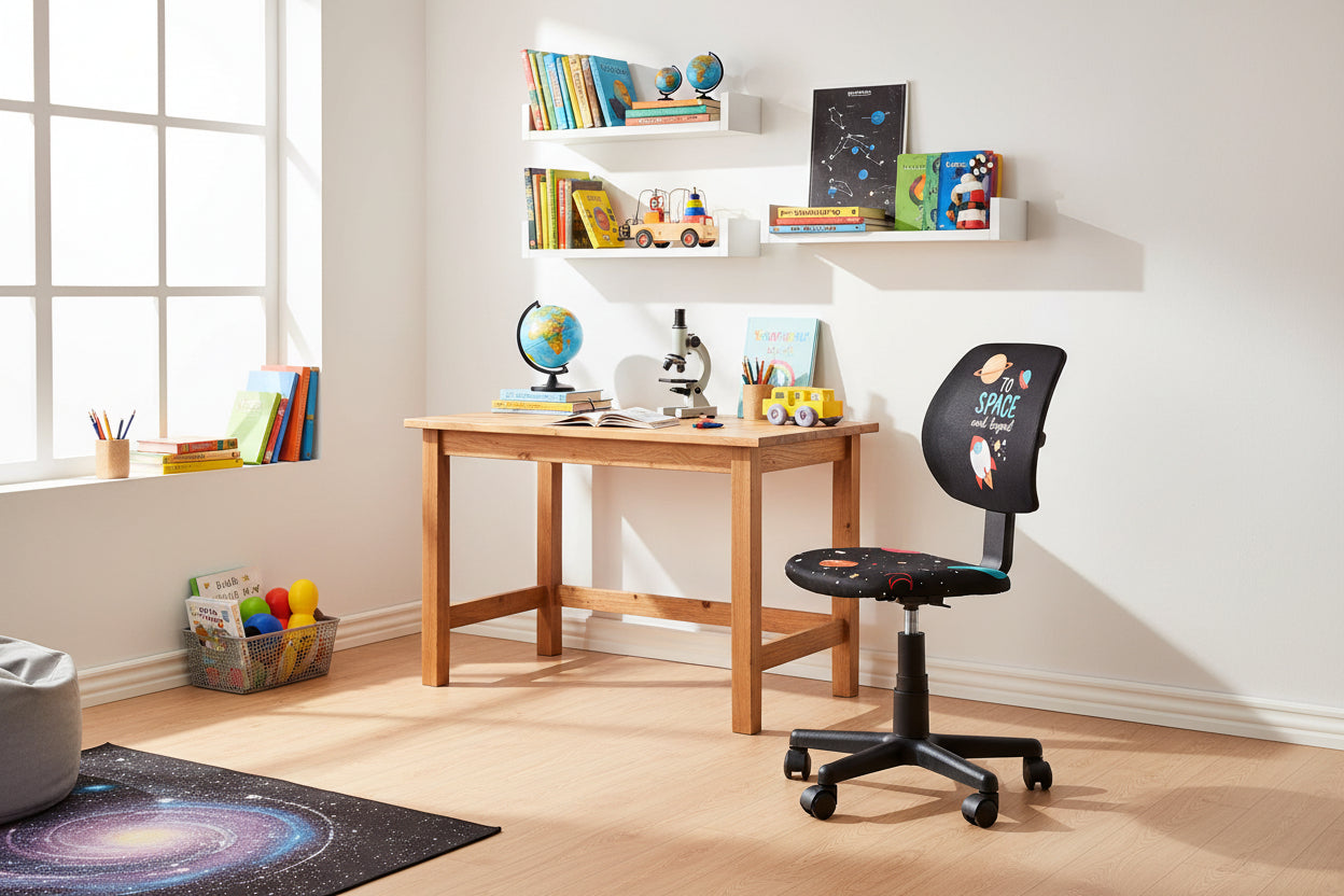 Fotel NIKO – młodzieżowy fotel obrotowy w nowoczesnym biurze dla dzieci z książkami i globusem