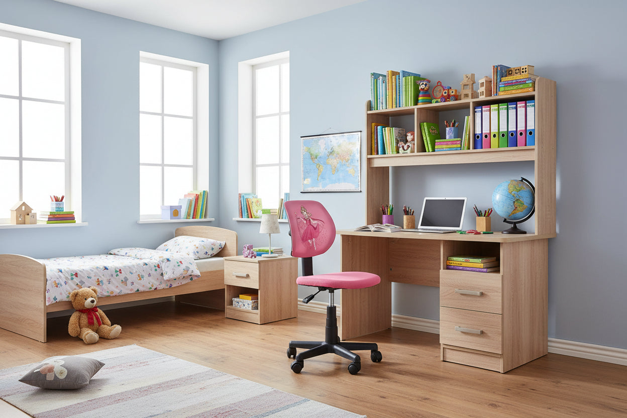 NIKO Pink - fotel do biurka młodzieżowy różowy w nowoczesnym pokoju dziecięcym z biurkiem i łóżkiem.