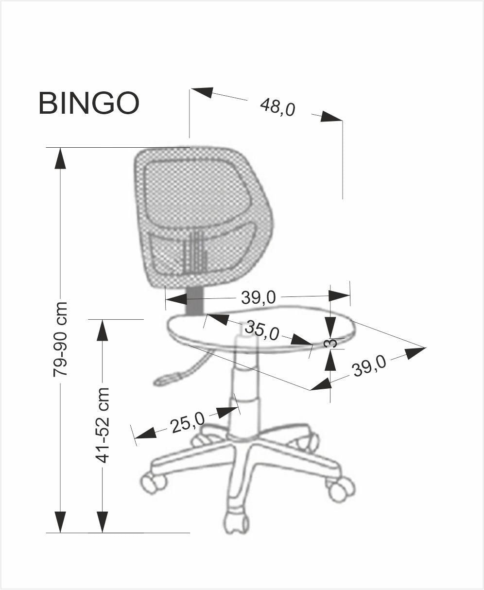 NIKO Pink - fotel do biurka młodzieżowy różowy - rysunek techniczny z wymiarami i nazwą BINGO.