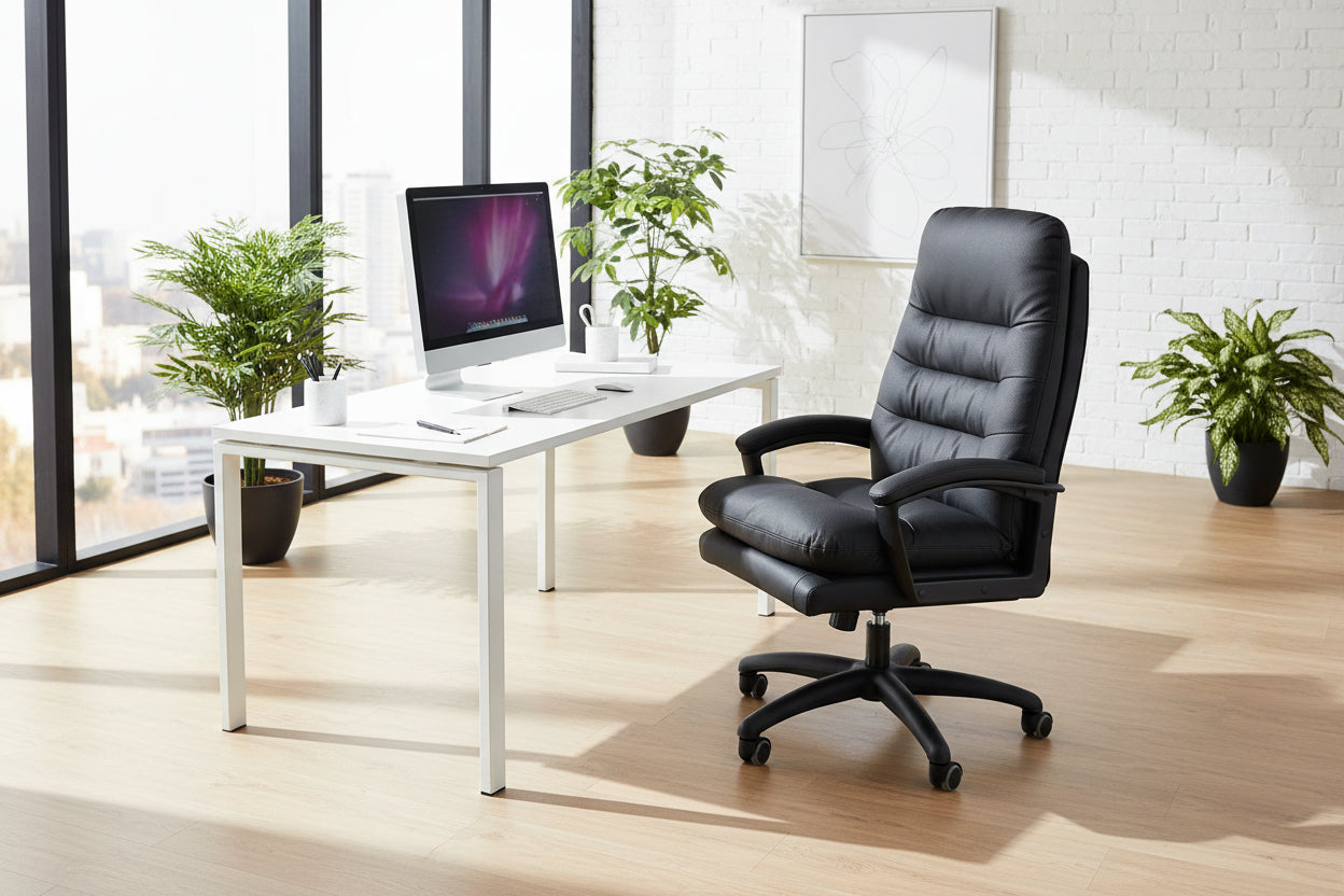 Fotel biurowy Montana Black – komfort pracy z klasą w nowoczesnym biurze z roślinnymi akcentami.