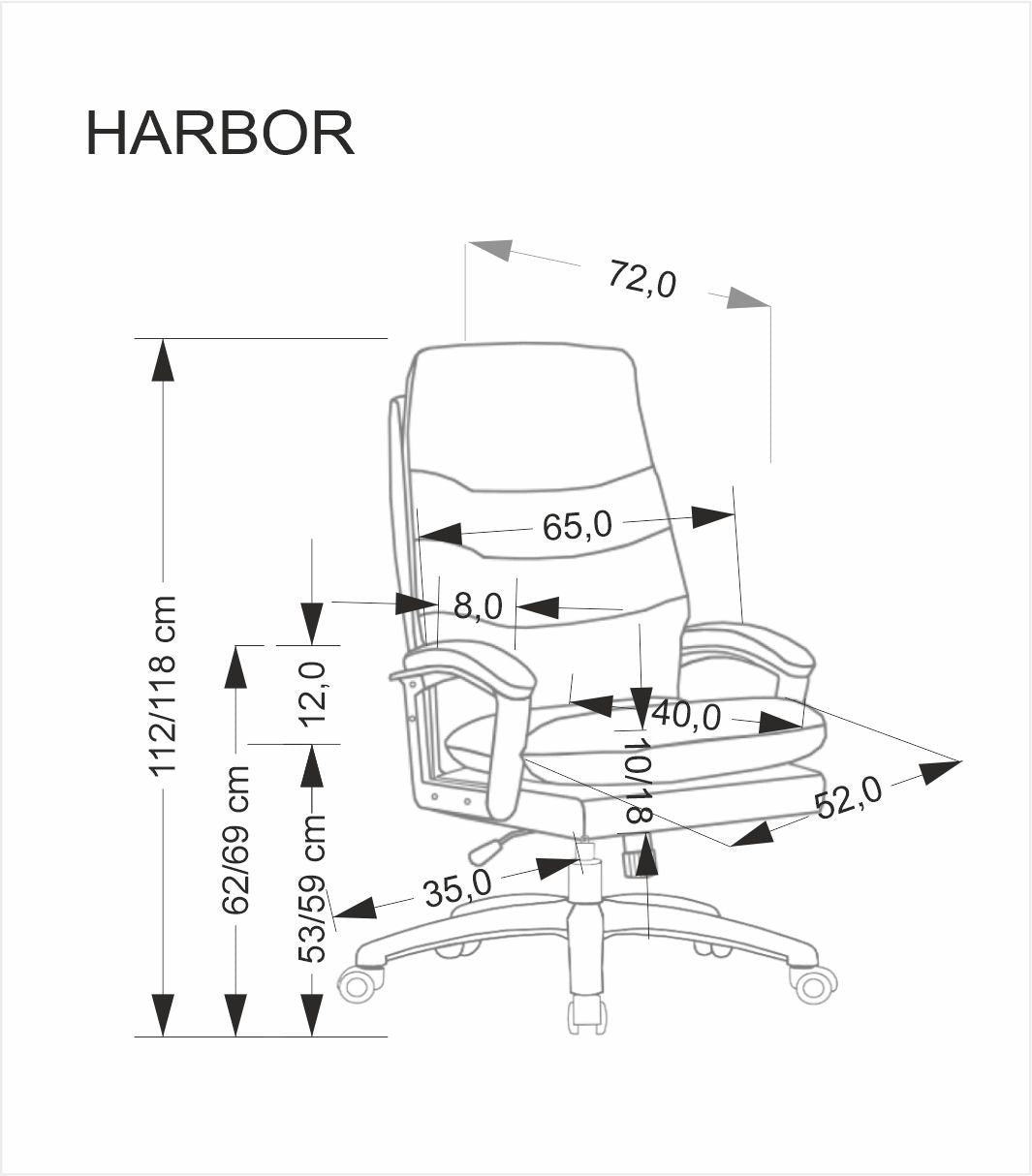 Fotel biurowy Montana Black – komfort pracy z klasą, rysunek wymiarów fotela HARBOUR.