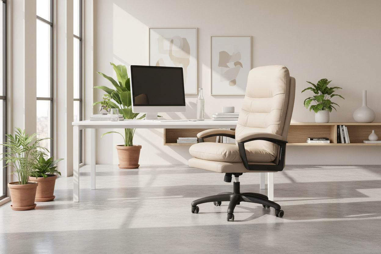 Beżowy Fotel biurowy MONTANA – komfort pracy z klasą w nowoczesnym biurze z roślinami.