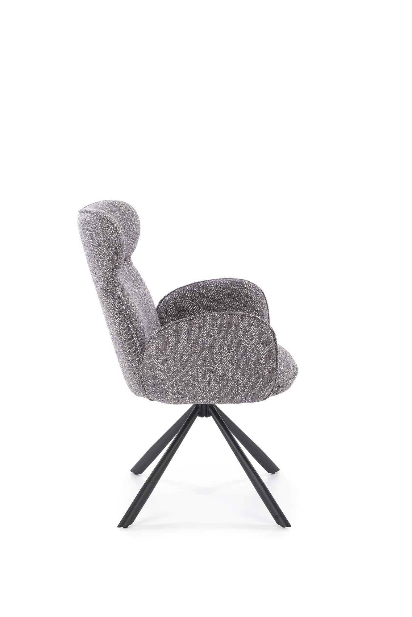 Krzesło PUCHATEK – eleganckie, obrotowe krzesło tapicerowane w popielatym odcieniu, widok z boku.