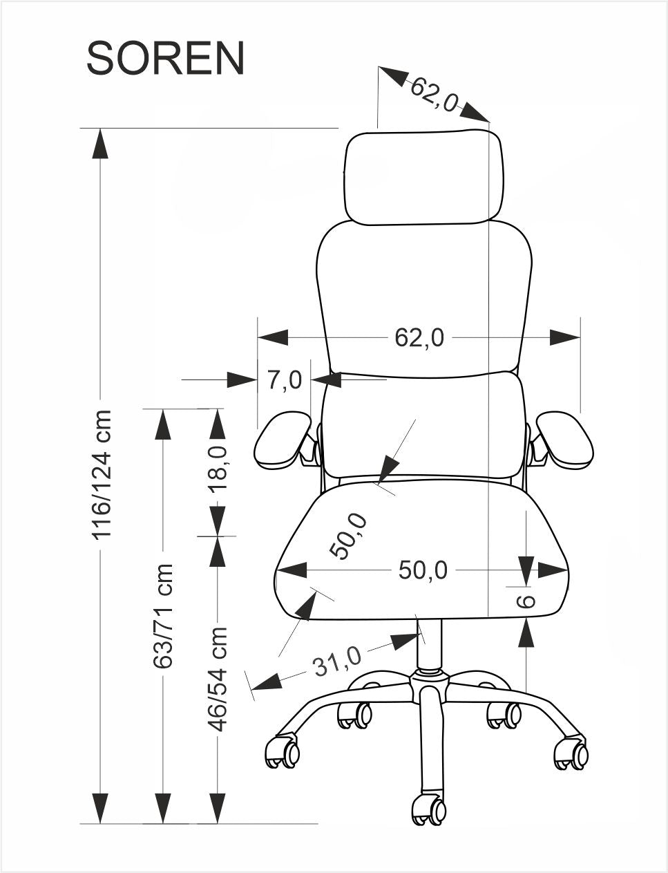 Szczegółowy rysunek fotela biurowego BERGEN z wymiarami i ergonomicznymi cechami.