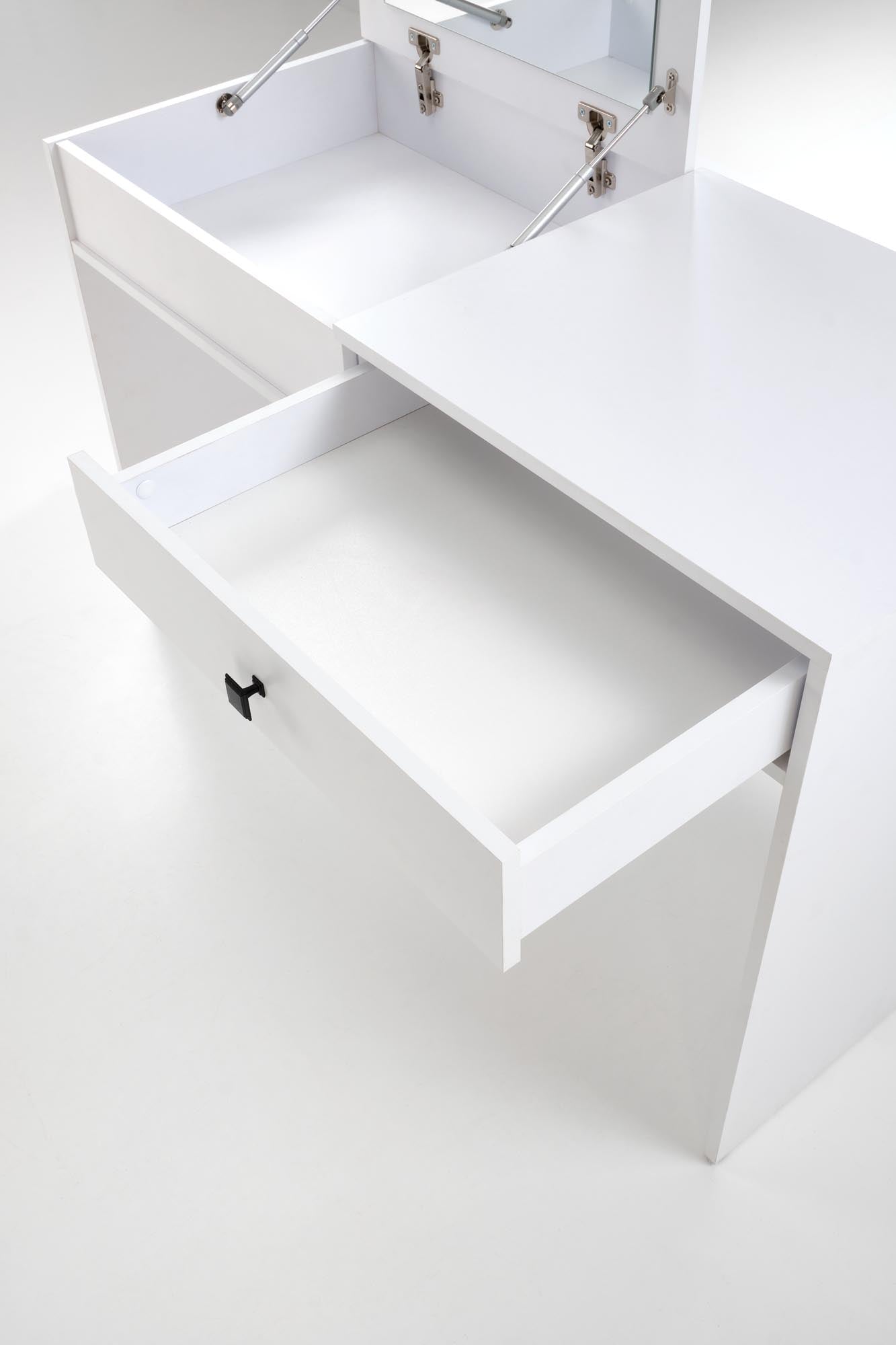 Toaletka PRINCI - kolor biały z otwartą szufladą i lustrem, elegancki design w nowoczesnym stylu.