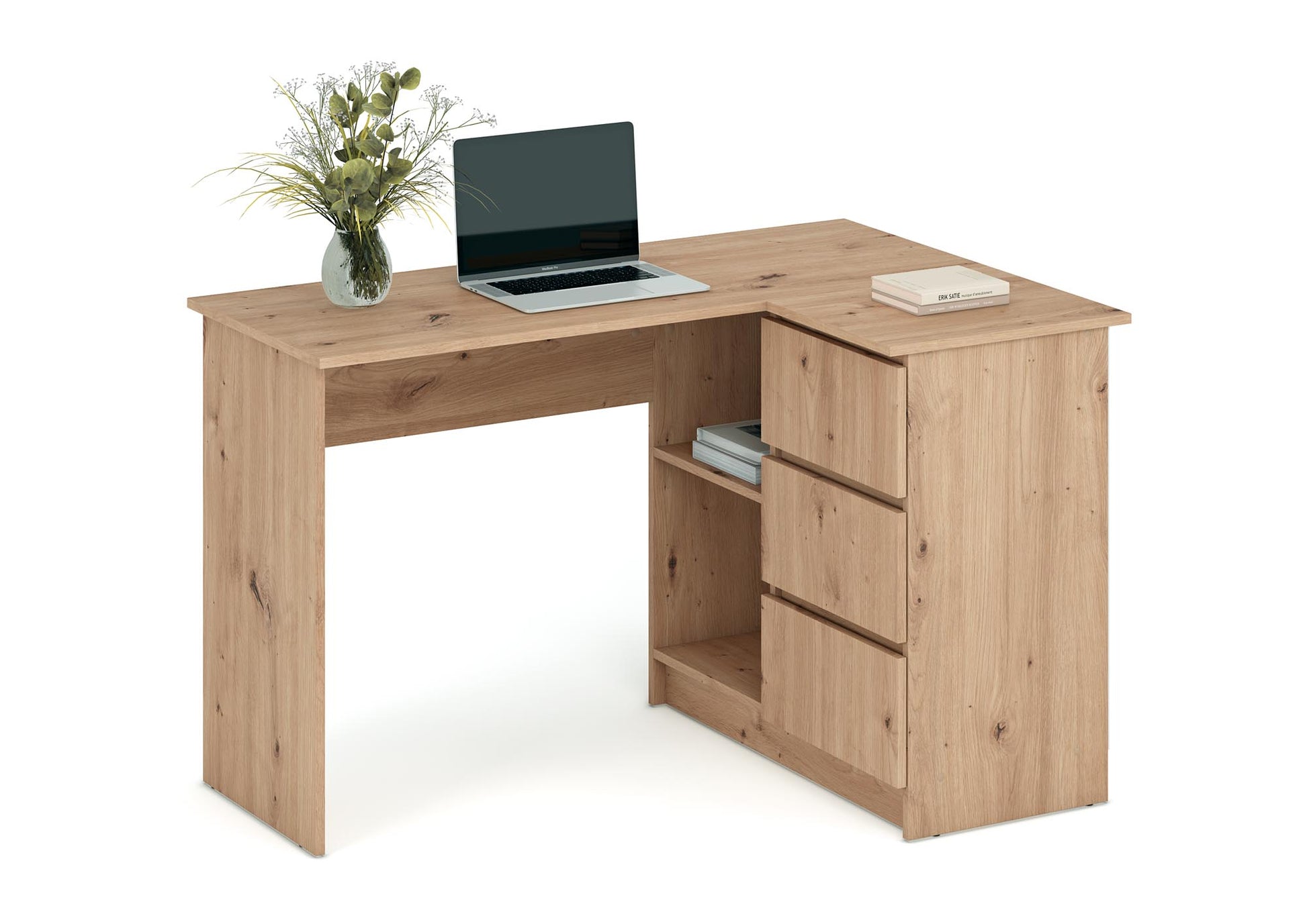 Biurko LETI - kolor jasny dąb z laptopem i kwiatami w wazonie, stylowy i funkcjonalny design, idealne do biura