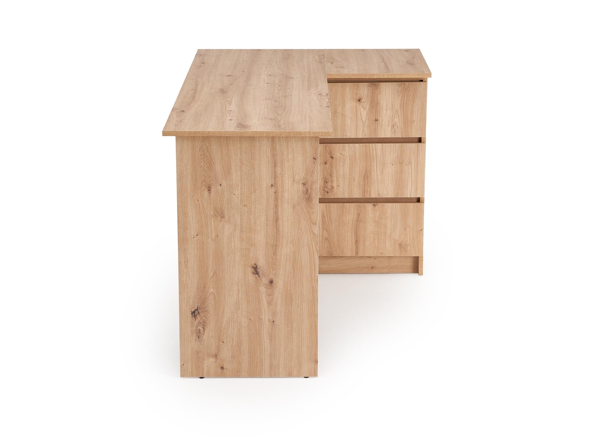 Biurko LETI - kolor jasny dąb z trzema szufladami, nowoczesny design z naturalnego dekoru drewnianego.