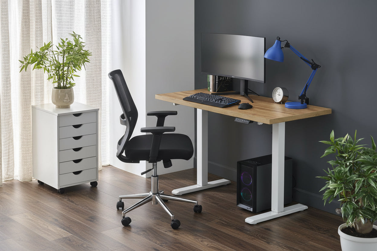 Biurko REGUS z funkcją regulacji wysokości w nowoczesnym domowym biurze z ergonomicznie zaprojektowanym krzesłem.