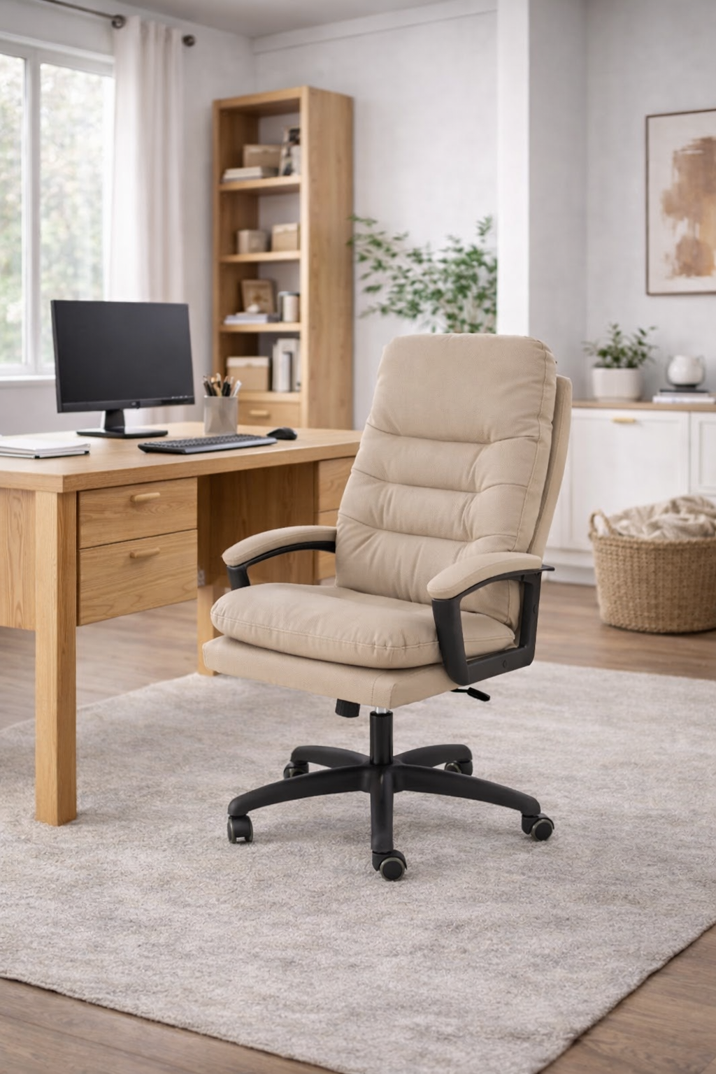 Beżowy Fotel biurowy MONTANA – komfort pracy z klasą w nowoczesnym biurze z drewnianym biurkiem.