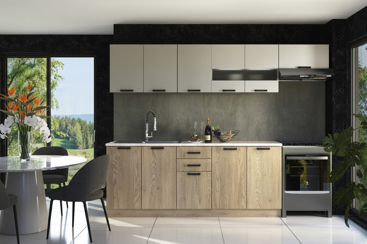 Kuchnia MORAN kompletny zestaw 260cm - kolor jasny orzech i jasny beż, nowoczesny design w eleganckim wnętrzu.
