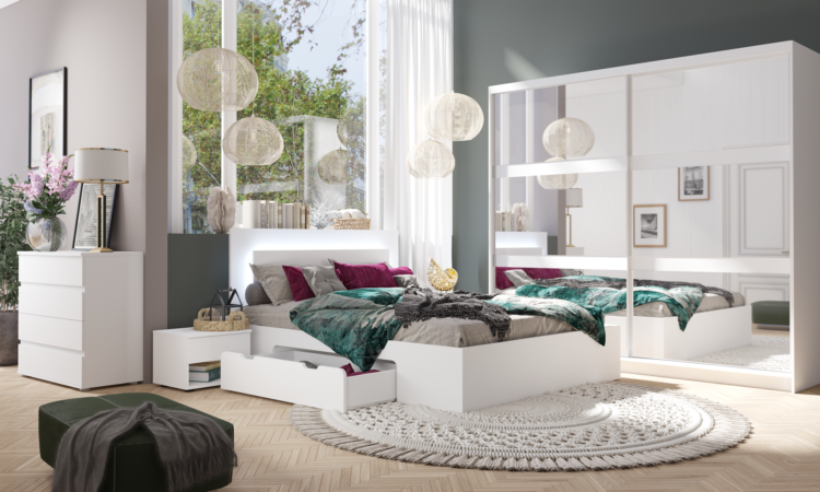 Łóżko 160x200 SIRIUS z szufladami i LED - Biały