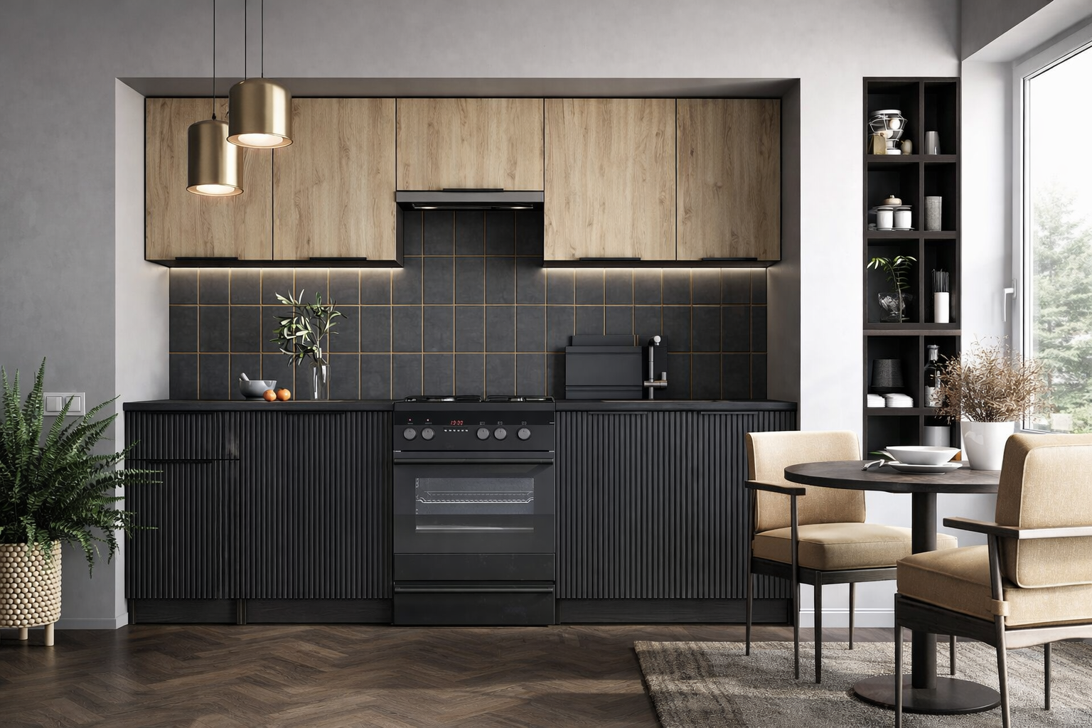 Kuchnia OREO kompletny zestaw 240 cm kolor czarny i jasny dąb