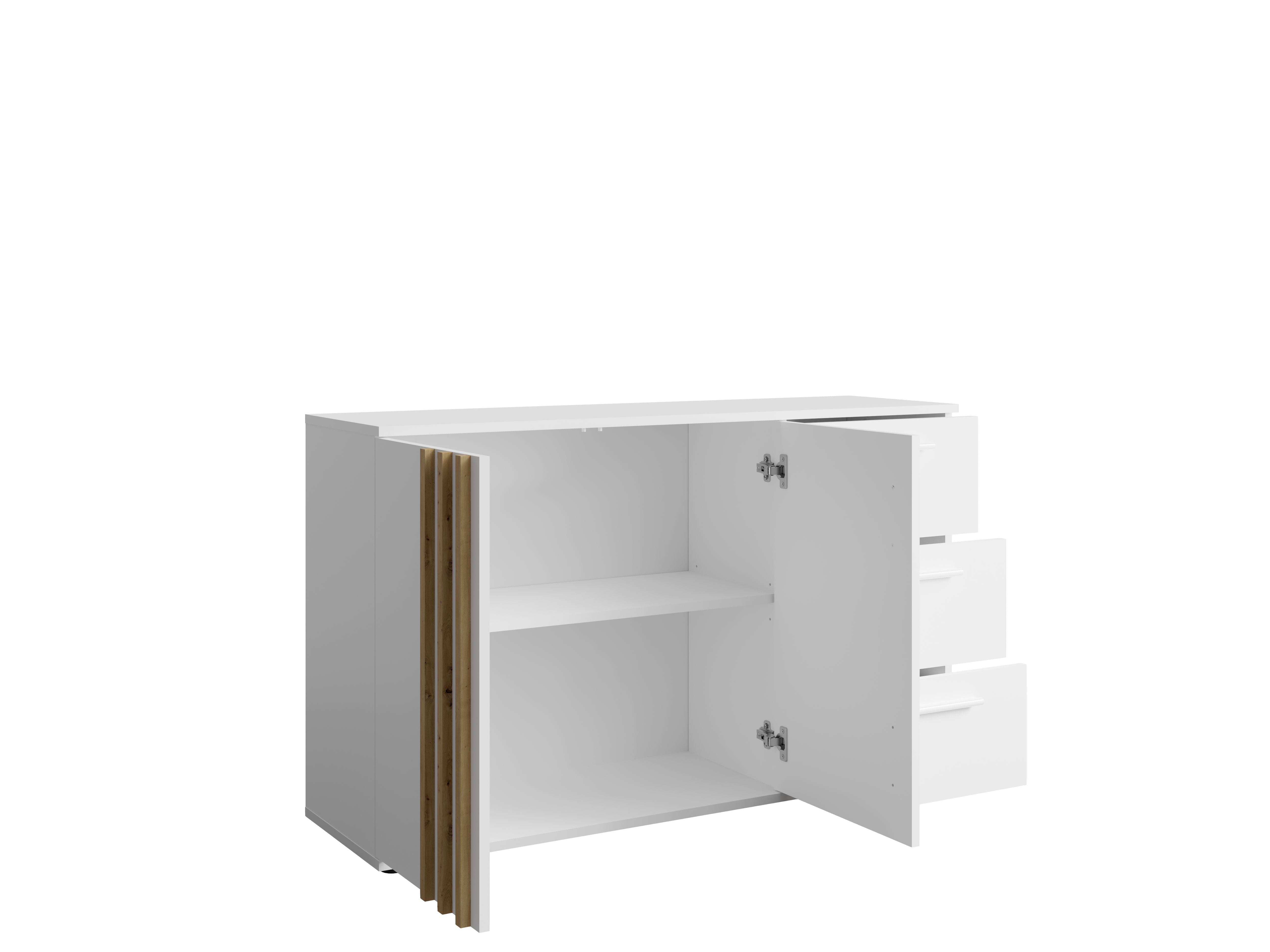 Komoda NOVA 120 cm z lamelami i  trzema szufladami- Biały / Dąb Artisan