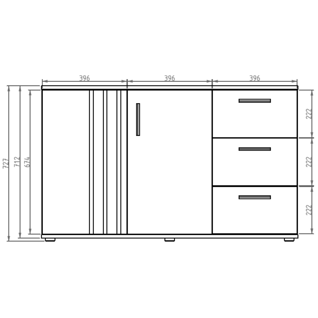 Komoda NOVA 120 cm z lamelami i  trzema szufladami- Biały / Dąb Artisan