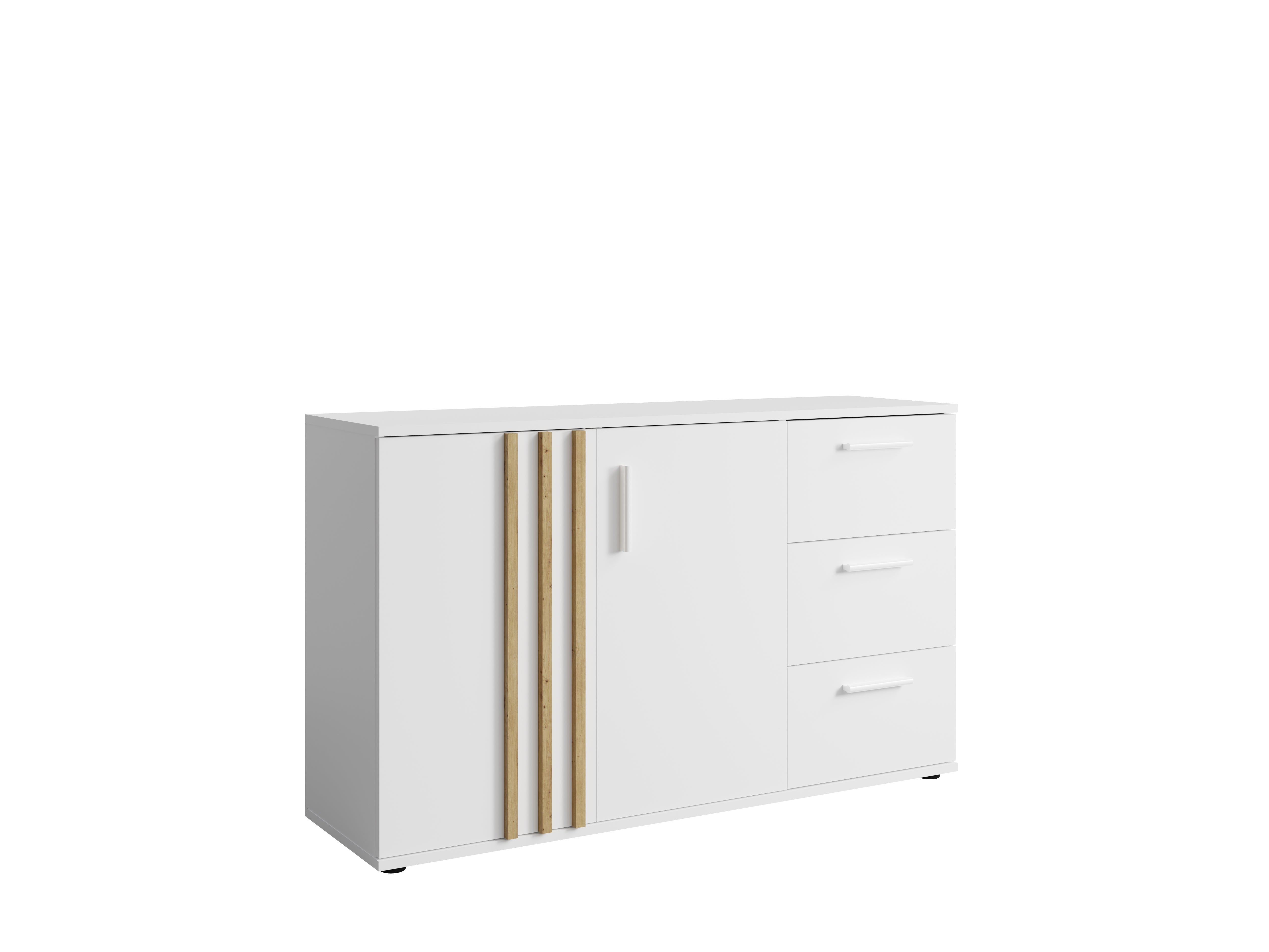 Komoda NOVA 120 cm z lamelami i  trzema szufladami- Biały / Dąb Artisan