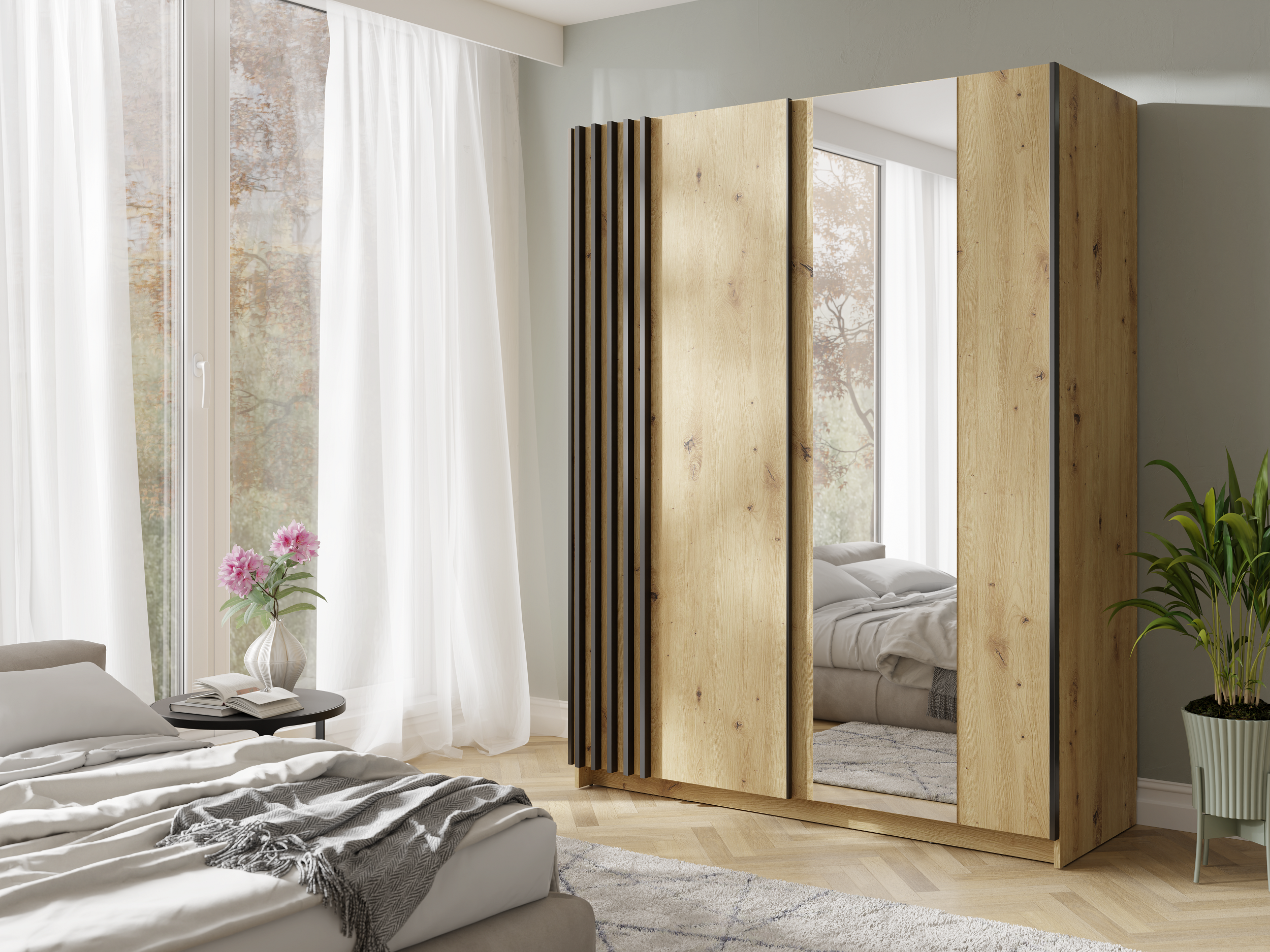 Szafa przesuwna AXION 150 cm z lustrem - Dąb Artisan