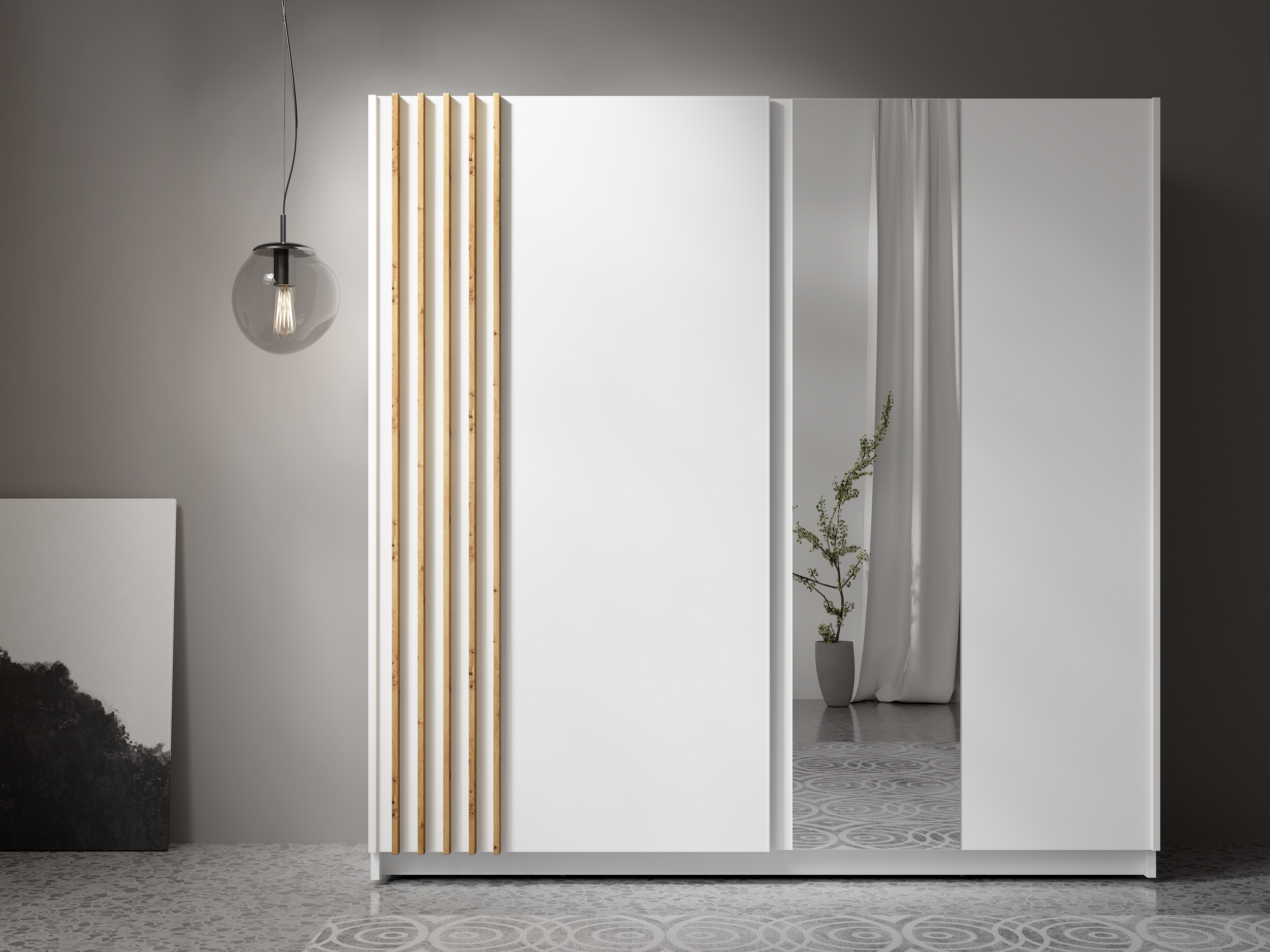 Szafa przesuwna AXION 200 cm z lustrem - Biały / Dąb Artisan
