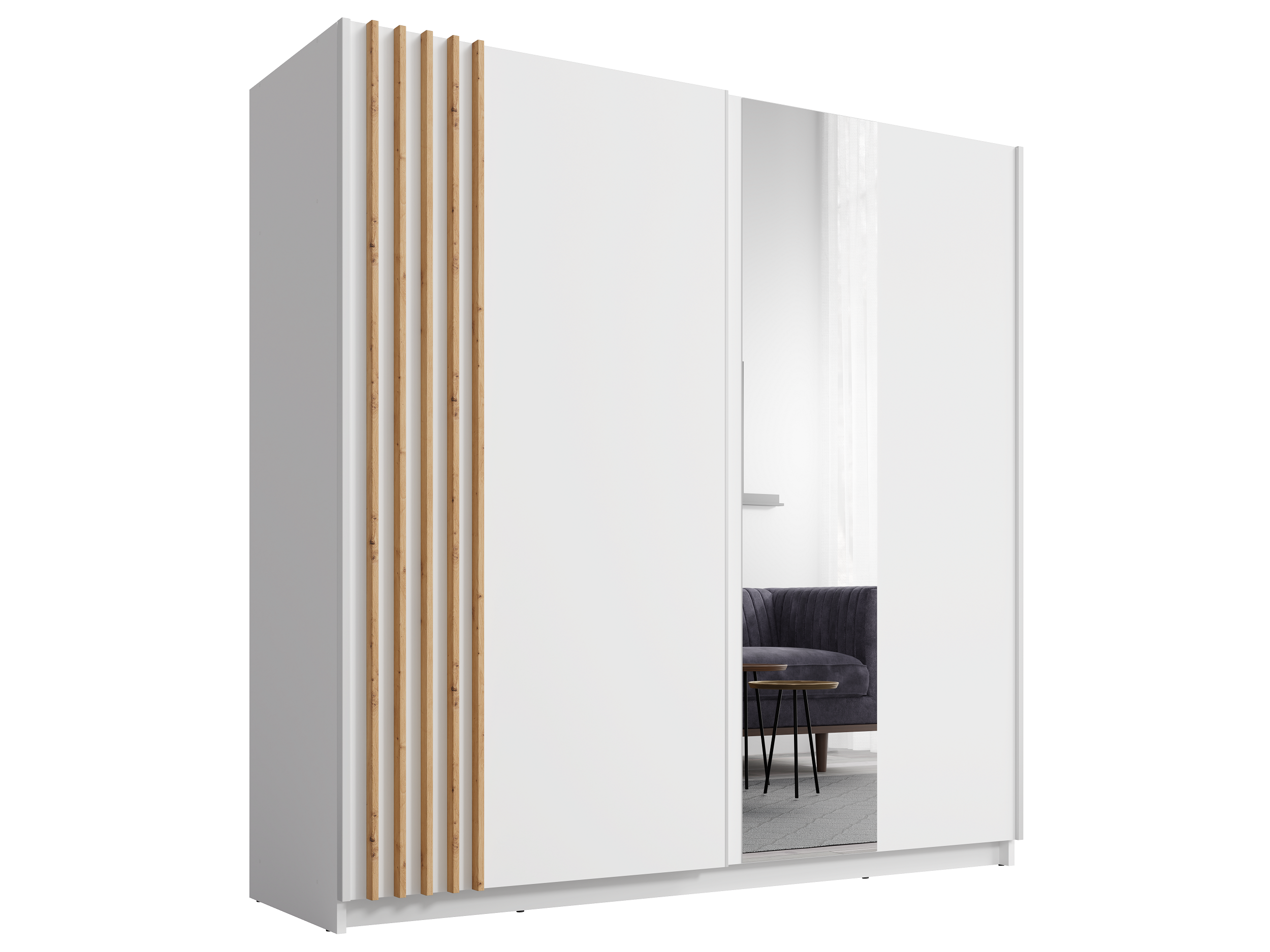 Szafa przesuwna AXION 200 cm z lustrem - Biały / Dąb Artisan