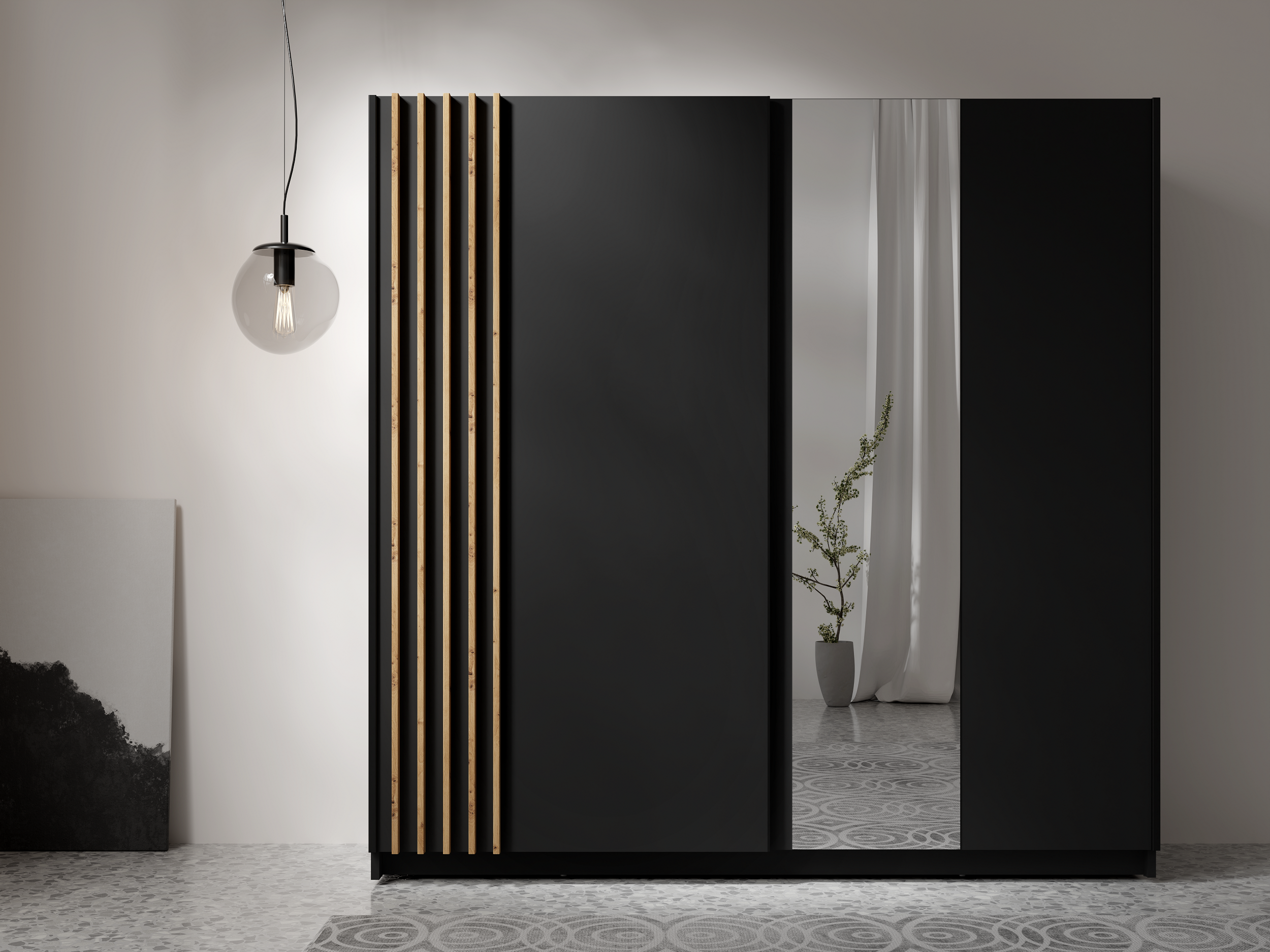 Szafa przesuwna AXION 200 cm z lustrem - Czarny / Dąb Artisan
