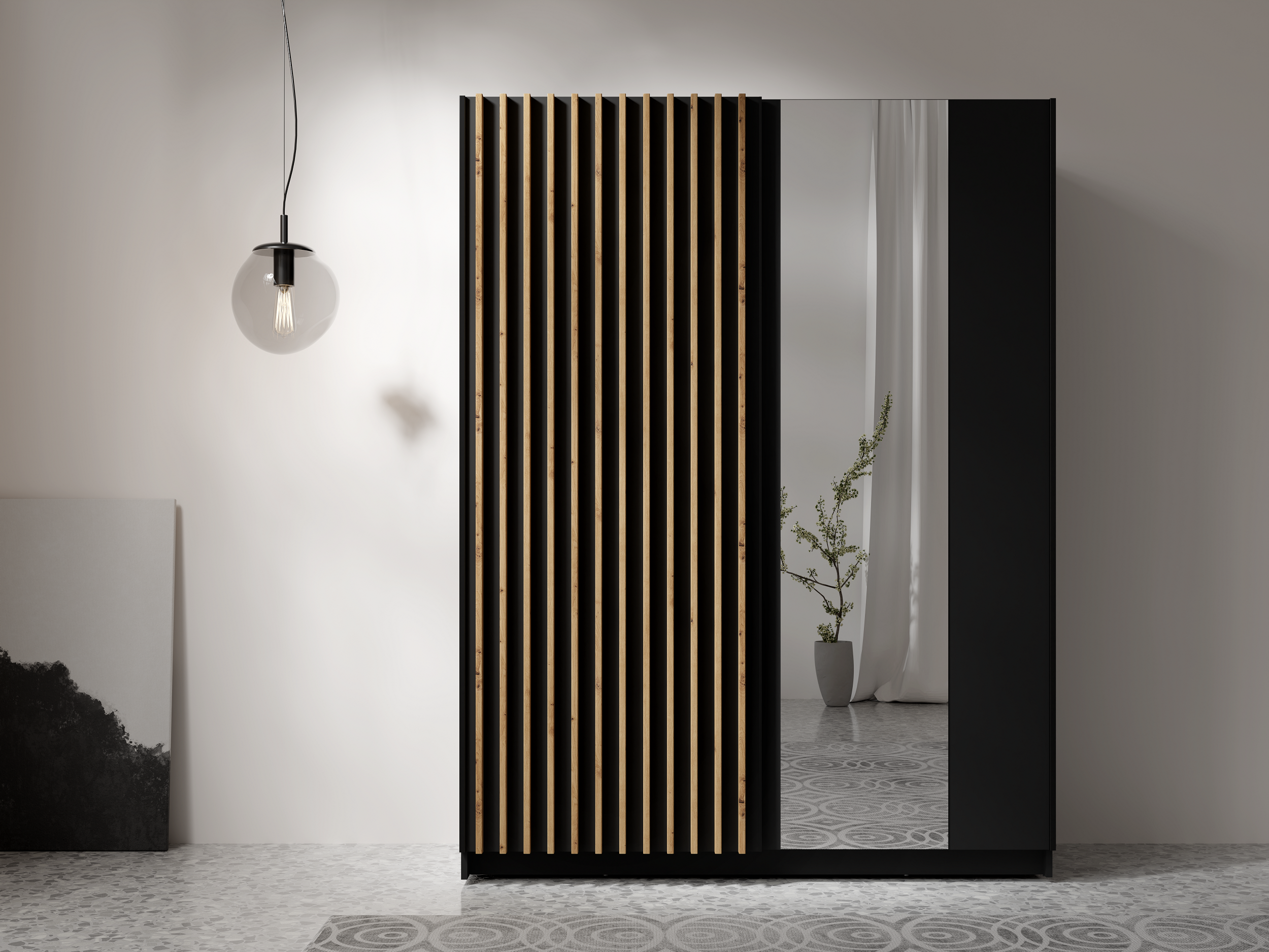 Szafa przesuwna AXION 150 cm z lustrem i lamelami - Czarny / Dąb Artisan