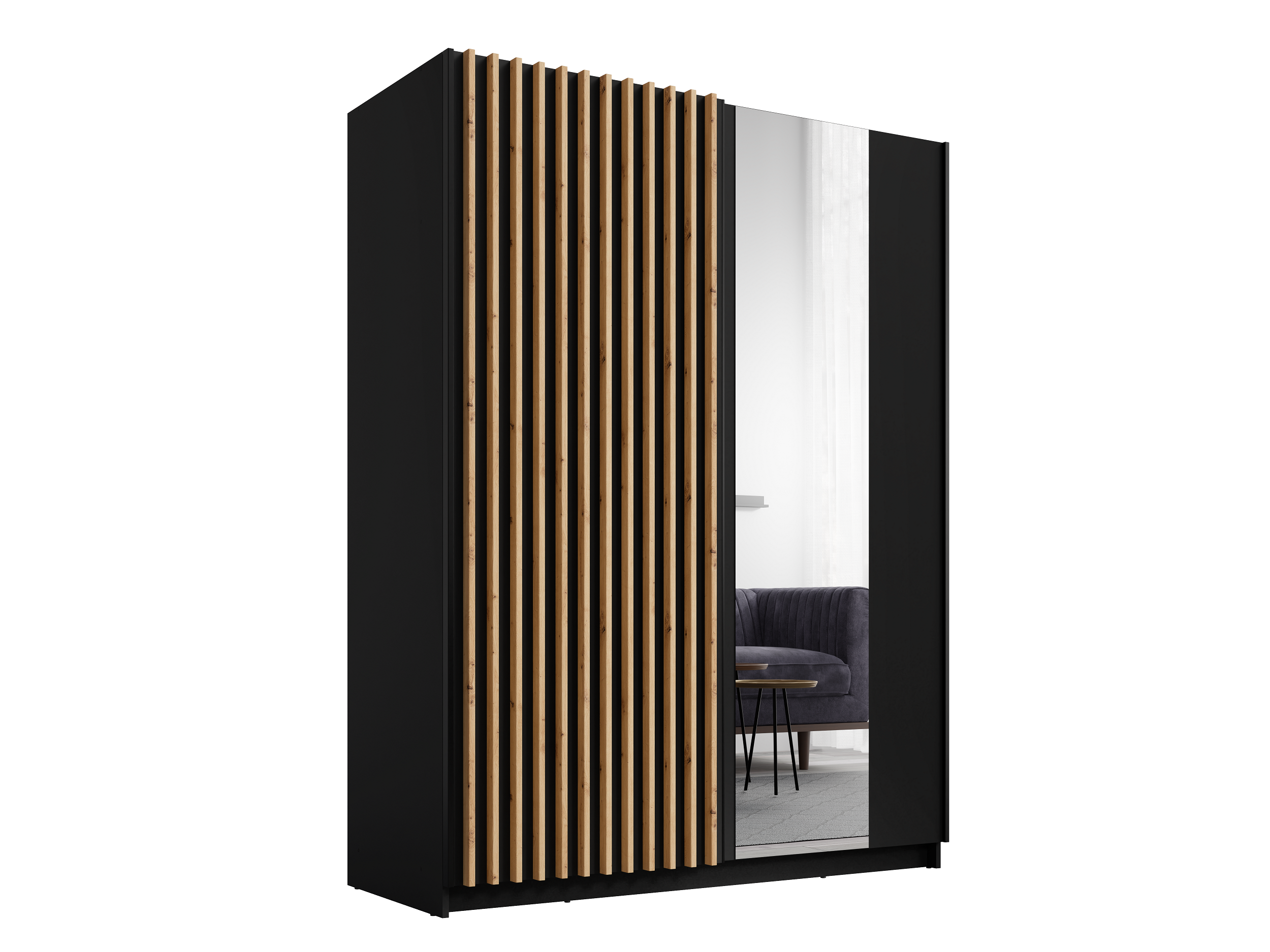 Szafa przesuwna AXION 150 cm z lustrem i lamelami - Czarny / Dąb Artisan