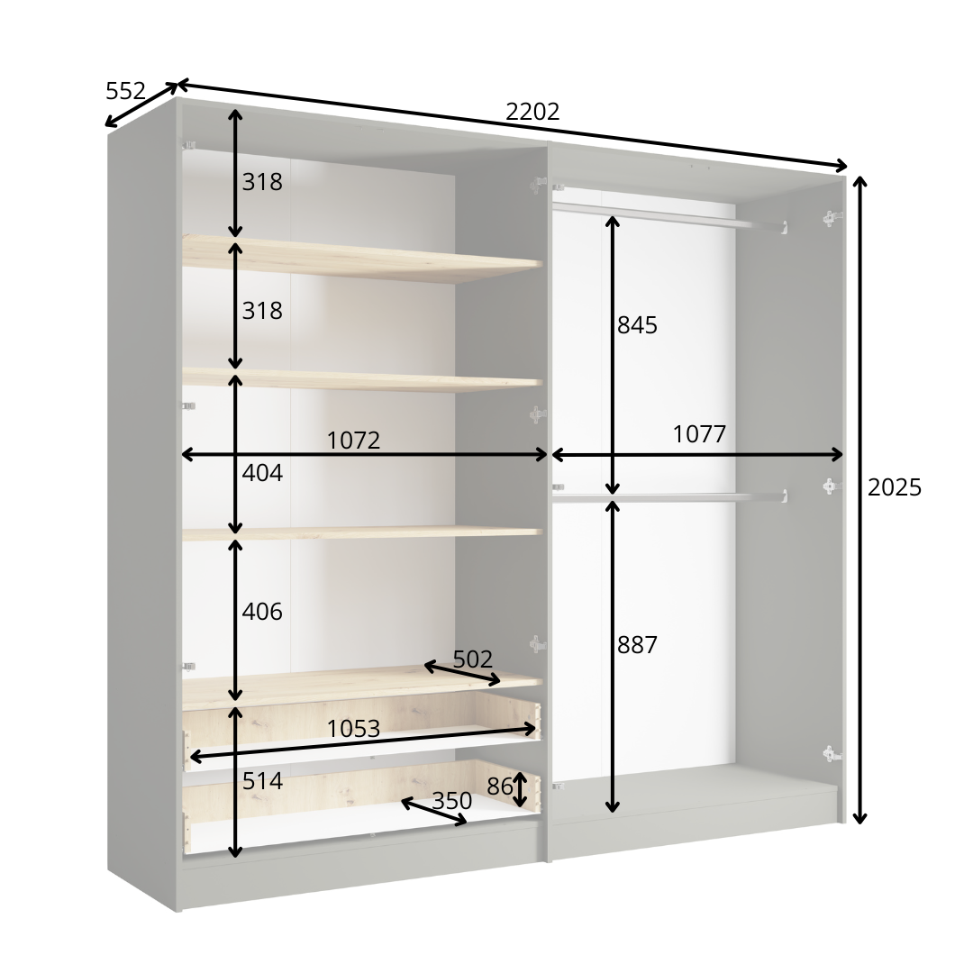 Szafa czterodrzwiowa LUMINA 220 cm - Szary Grafit / Dąb Artisan