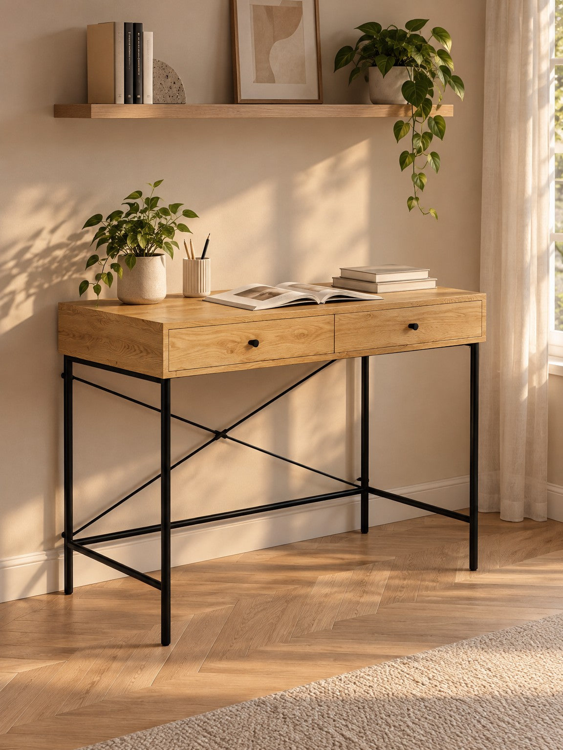 Biurko IGINA 100 cm - dąb naturalny / czarny / metal