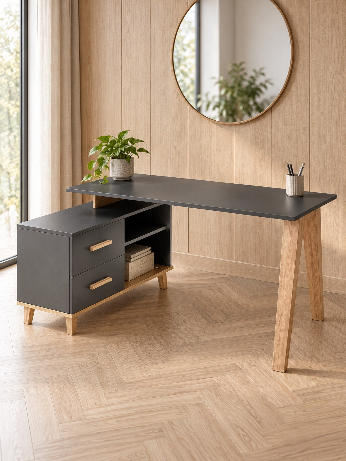 Biurko LADA 134-210 cm XL - antracyt / dąb wotan / lite drewno