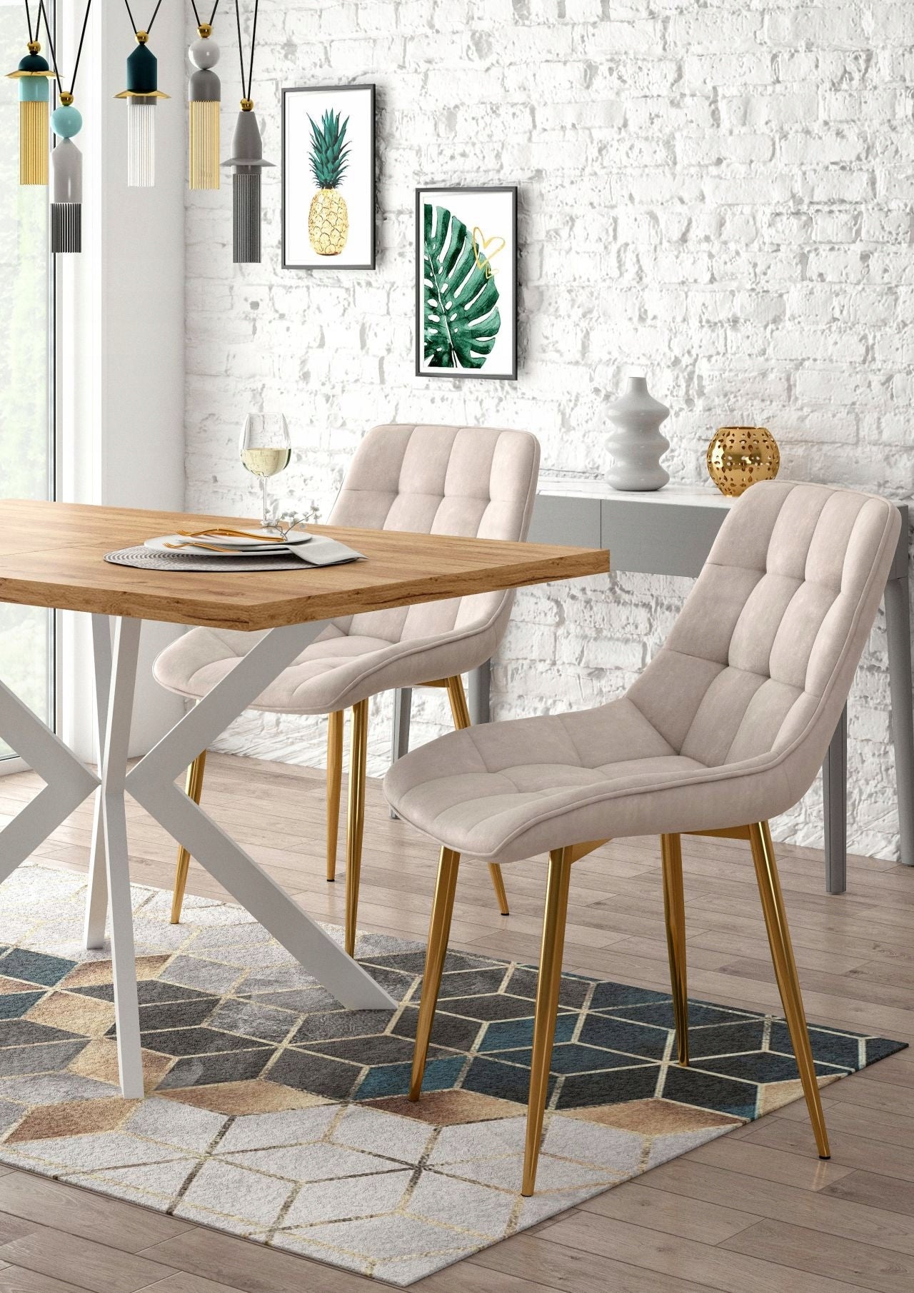 Beżowe Welurowe Krzesło Tapicerowane Do Jadalni Glamour Złoto Eleganckie Siedzisko Piękny Design