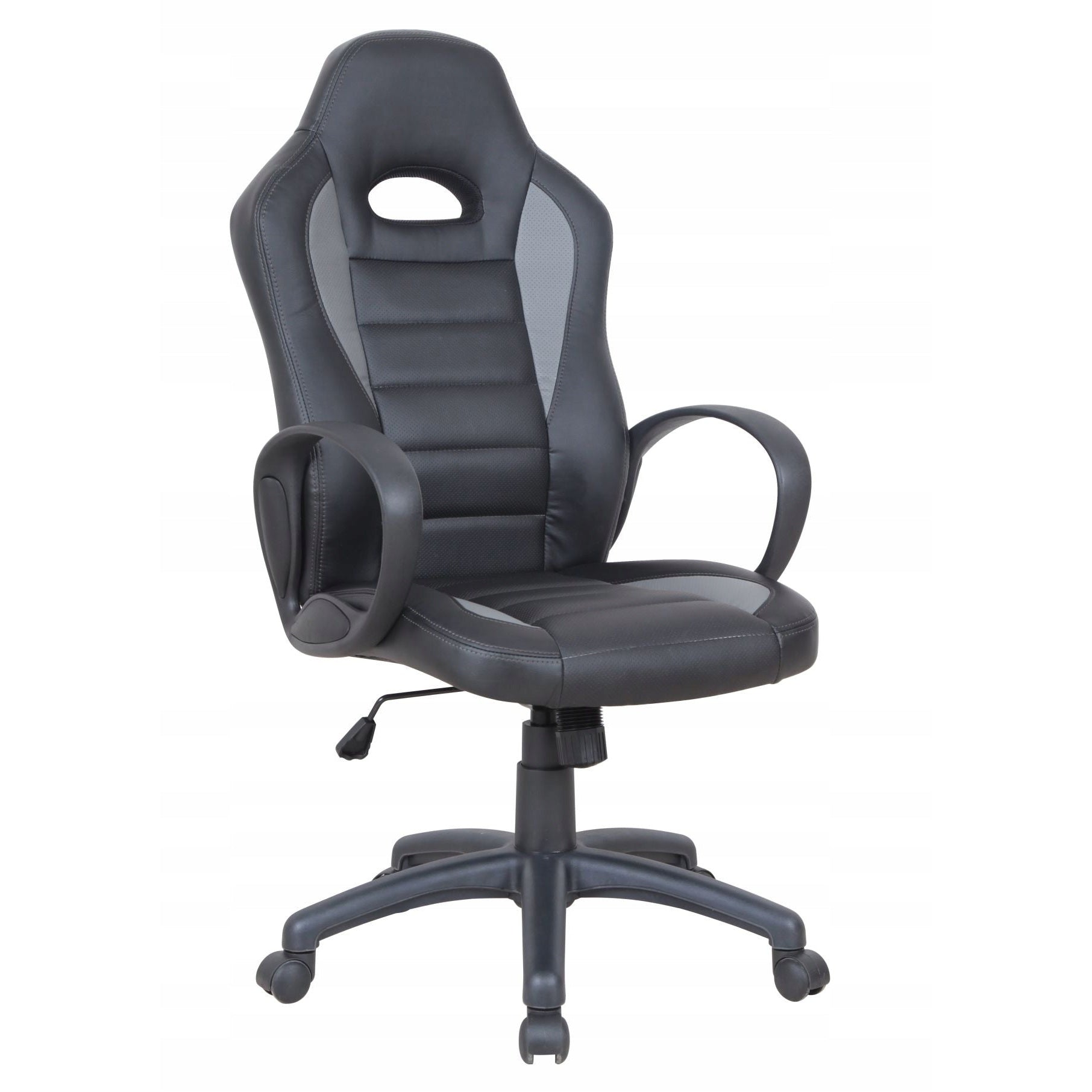 Nowoczesny fotel gamingowy CX-0246M z szarej ekoskóry z wyprofilowanym oparciem i ergonomicznymi podłokietnikami.