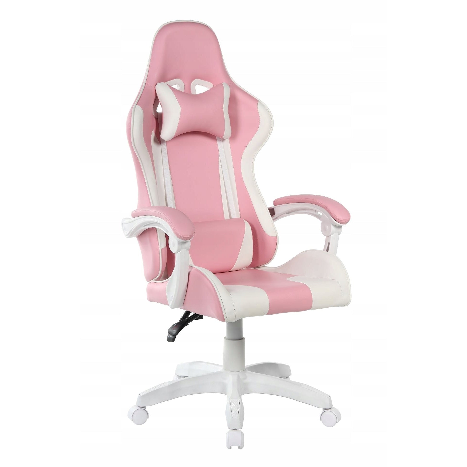 Różowo-biały fotel gamingowy dla dziewczyny z ekoskóry z funkcją multiblock, ergonomiczny design w stylu kawaii.