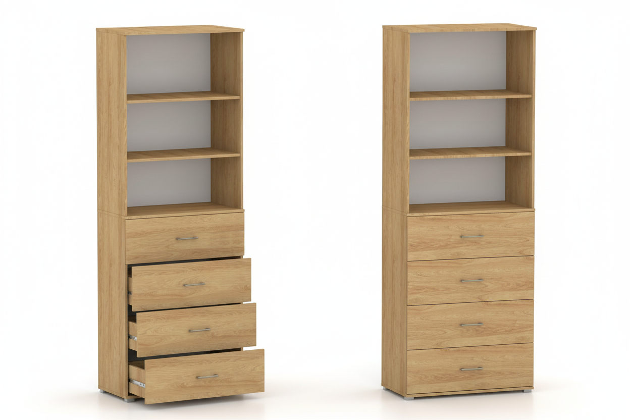 Nowoczesny Regał POLA 215 z 4 szufladami. Hikora Naturalna, 4 szerokości.