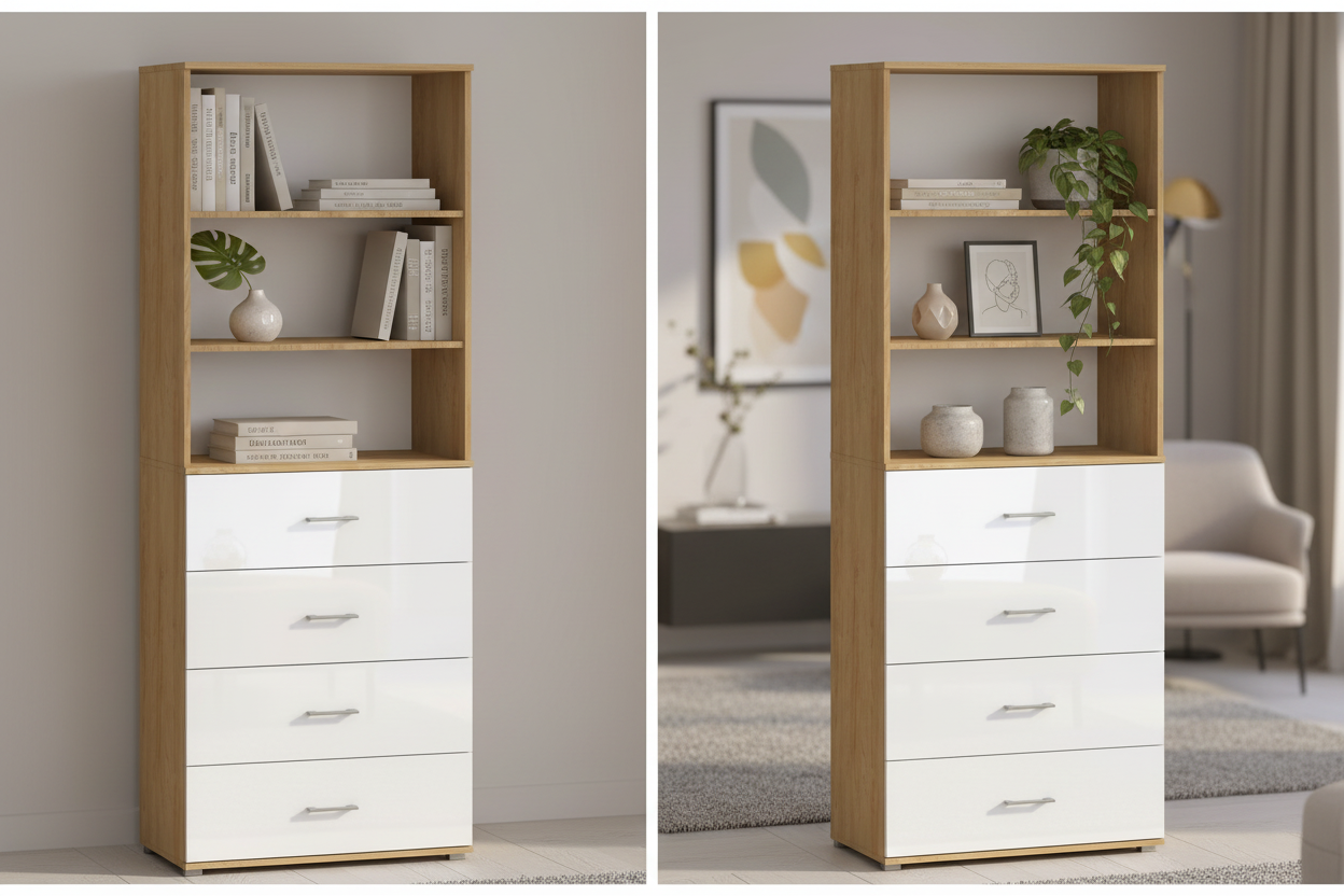 Regał POLA 215 z 4 Szufladami Biały Mat / Hikora Naturalna