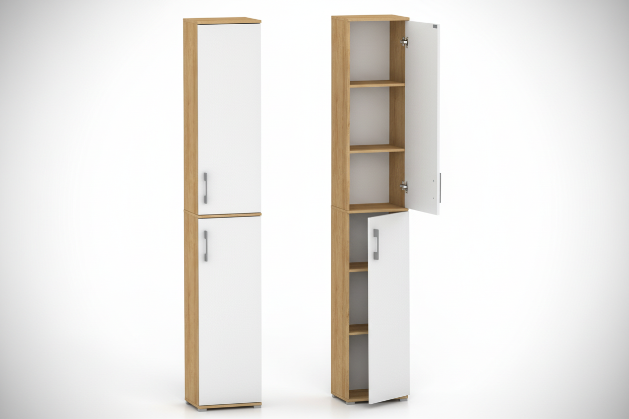 Szafa Pola 215 cm, 30 cm szeroka, dwudrzwiowa, Hikora z białymi frontami