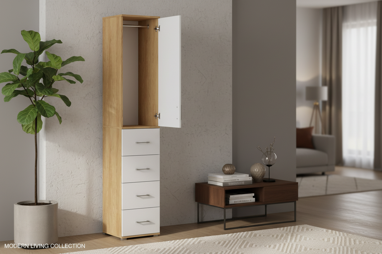 Szafa Pola 215 cm z drążkiem, 4 szuflady (40/50 cm) - Hikora/Biały