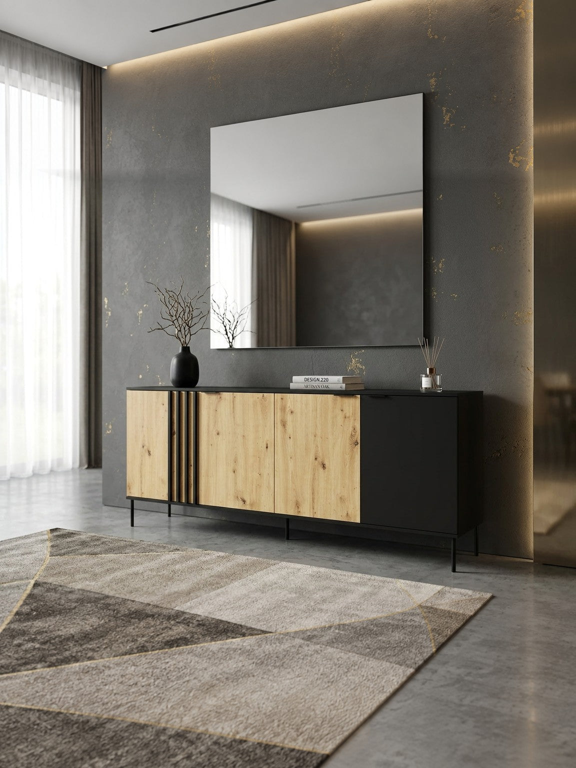 Komoda LUMINA 220 cm - Czarny Onyx / Dąb Artisan