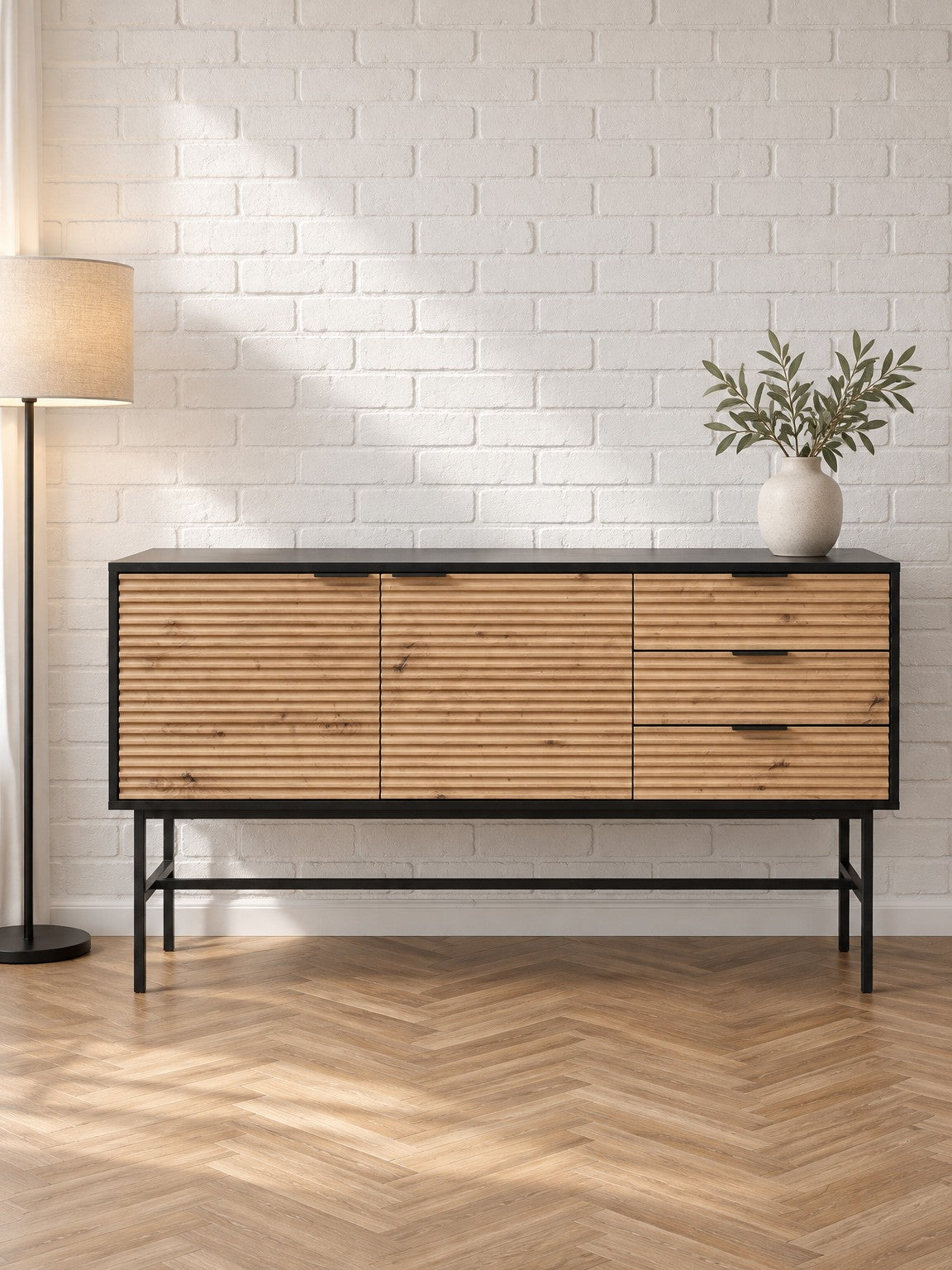 Komoda MIRIA 160 cm KM-1 - dąb artisan / czarny / metal